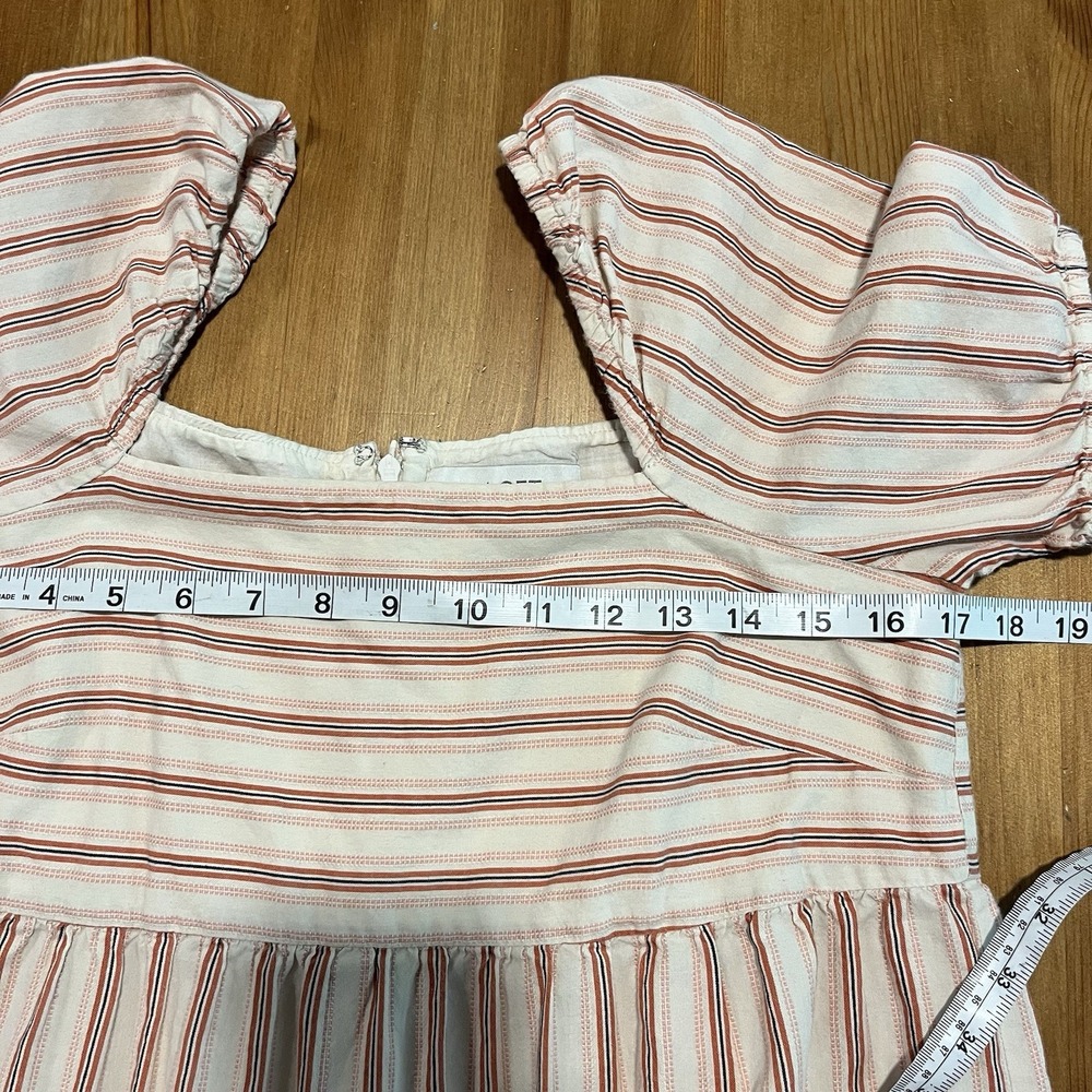 LOFT Women's Mini Dress Size 2 Red Pink Striped Puff Sleeve Babydoll Summery - Picture 12 of 13